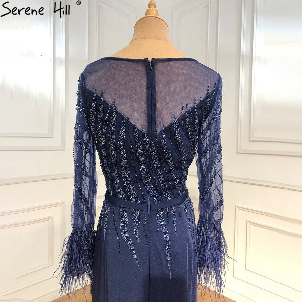 Vestidos de noche musulmanes azul marino de sirena, elegantes vestidos de lujo con cuentas y plumas para mujer, para fiesta LA70978A 