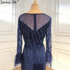 Vestidos de noche musulmanes azul marino de sirena, elegantes vestidos de lujo con cuentas y plumas para mujer, para fiesta LA70978A 