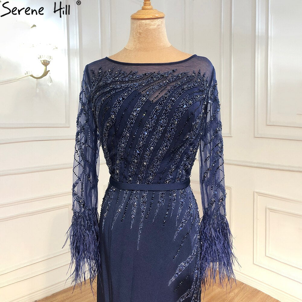 Vestidos de noche musulmanes azul marino de sirena, elegantes vestidos de lujo con cuentas y plumas para mujer, para fiesta LA70978A 