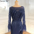 Vestidos de noche musulmanes azul marino de sirena, elegantes vestidos de lujo con cuentas y plumas para mujer, para fiesta LA70978A 