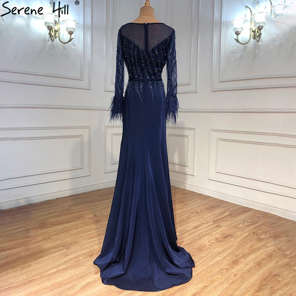 Vestidos de noche musulmanes azul marino de sirena, elegantes vestidos de lujo con cuentas y plumas para mujer, para fiesta LA70978A 