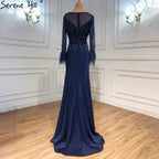 Vestidos de noche musulmanes azul marino de sirena, elegantes vestidos de lujo con cuentas y plumas para mujer, para fiesta LA70978A 