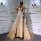 Vestidos de noche musulmanes de sirena con mangas abullonadas y cuentas, color nude, 2025, de lujo, con sobrefalda para mujer, para fiesta, LA71352 