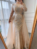 Vestidos de noche musulmanes de sirena con mangas abullonadas y cuentas, color nude, 2025, de lujo, con sobrefalda para mujer, para fiesta, LA71352 