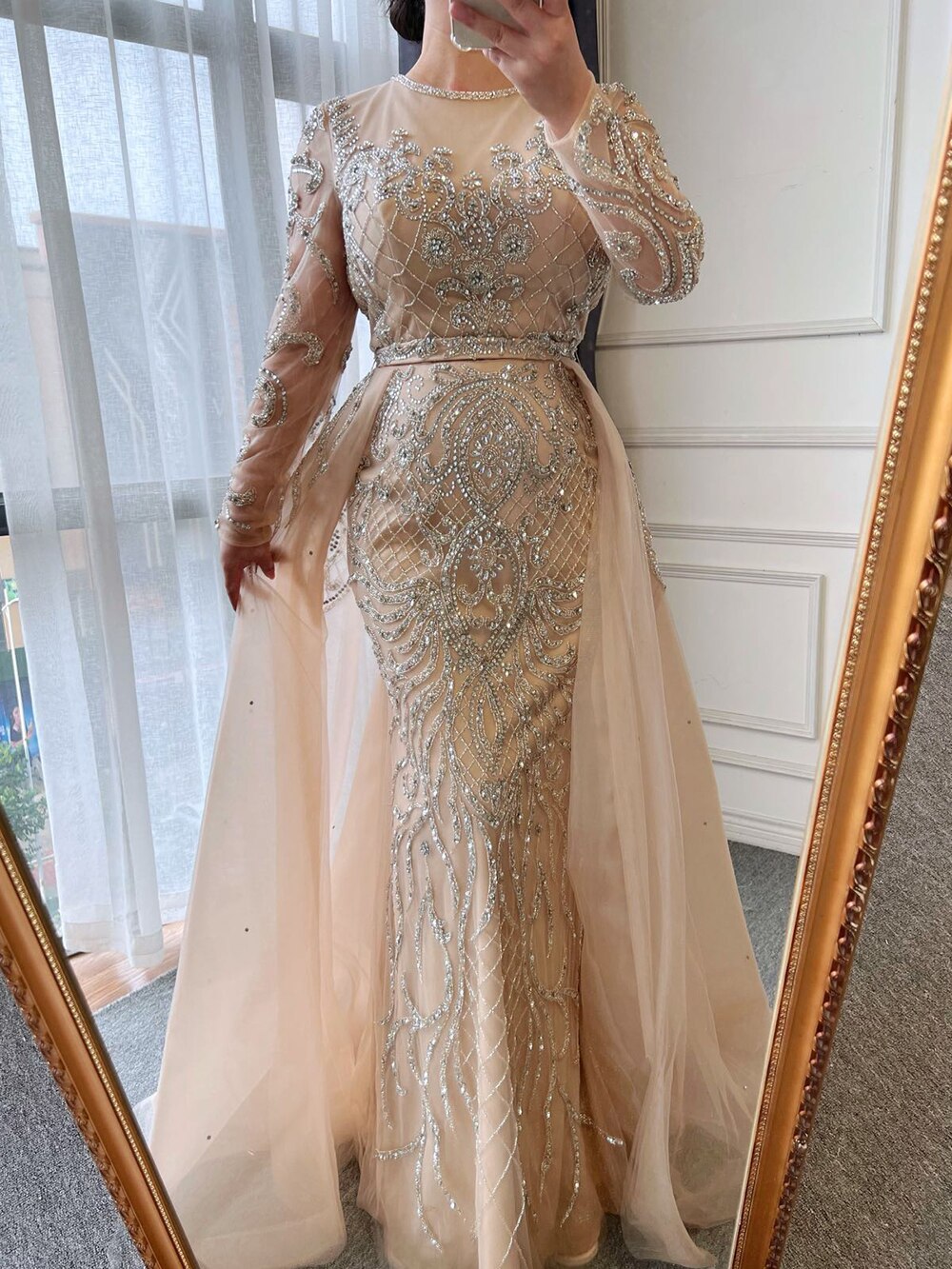 Vestidos de noche musulmanes de sirena con mangas abullonadas y cuentas, color nude, 2025, de lujo, con sobrefalda para mujer, para fiesta, LA71352 
