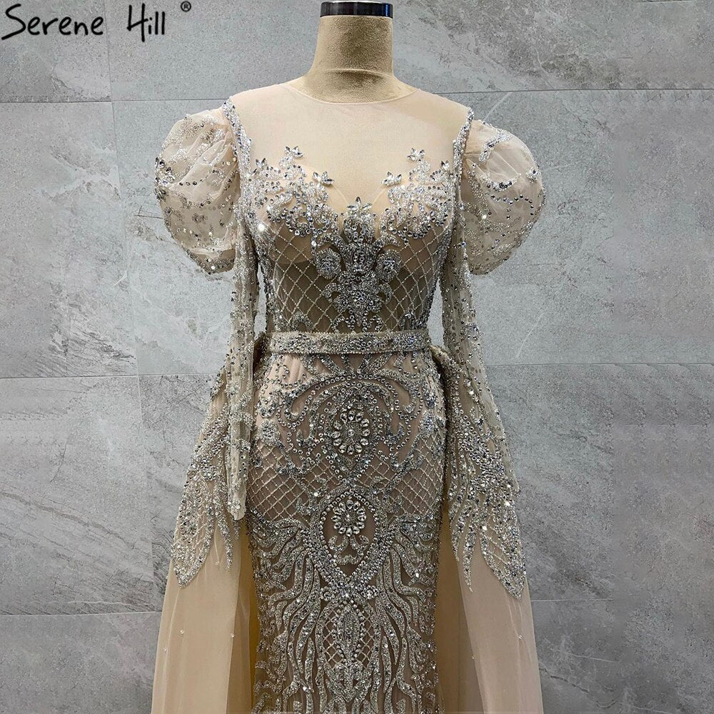 Vestidos de noche musulmanes de sirena con mangas abullonadas y cuentas, color nude, 2025, de lujo, con sobrefalda para mujer, para fiesta, LA71352 