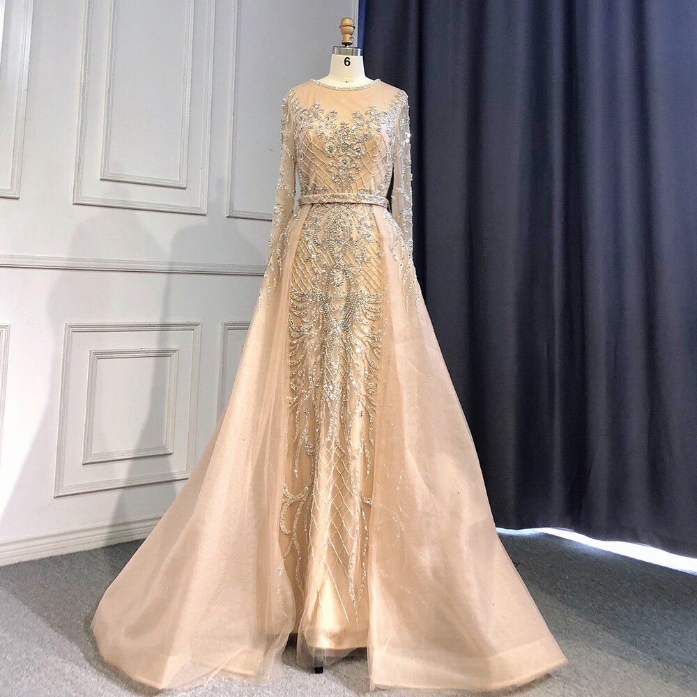 Vestidos de noche musulmanes de sirena con mangas abullonadas y cuentas, color nude, 2025, de lujo, con sobrefalda para mujer, para fiesta, LA71352 