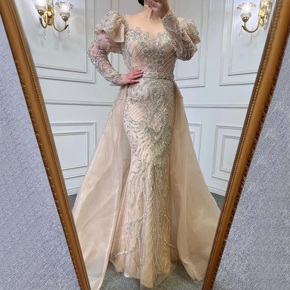 Vestidos de noche musulmanes de sirena con mangas abullonadas y cuentas, color nude, 2025, de lujo, con sobrefalda para mujer, para fiesta, LA71352 