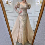 Vestidos de noche musulmanes de sirena con mangas abullonadas y cuentas, color nude, 2025, de lujo, con sobrefalda para mujer, para fiesta, LA71352 