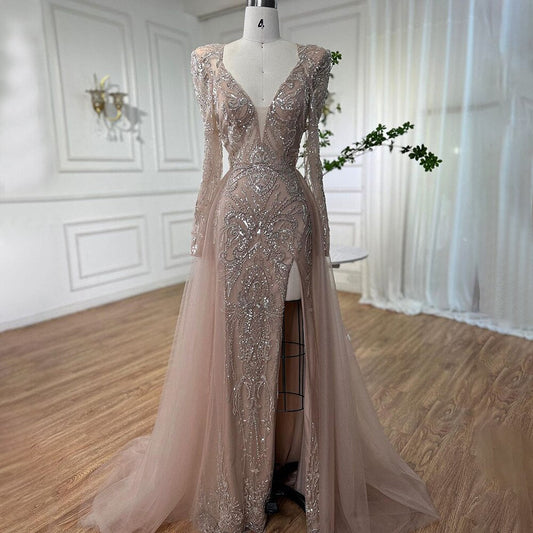 Muslim Nude Elegant Merma V-Neck Beaded Luxury Evening Dresses Gowns 2025 For Women Wedding Party LA72141
