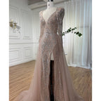 Muslimischen Nude Elegante Merma V-ausschnitt Perlen Luxus Abendkleider Kleider 2025 Für Frauen Hochzeit Party LA72141 