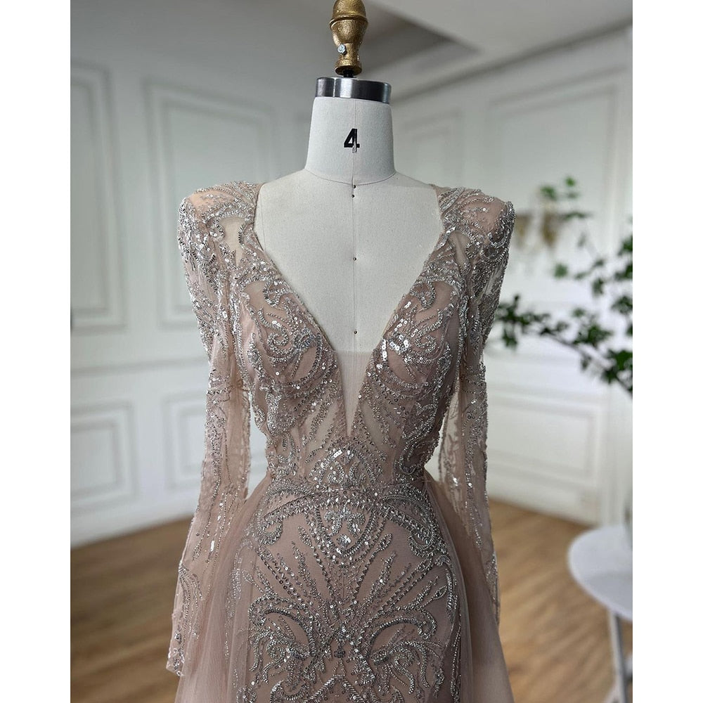 Muslimischen Nude Elegante Merma V-ausschnitt Perlen Luxus Abendkleider Kleider 2025 Für Frauen Hochzeit Party LA72141 