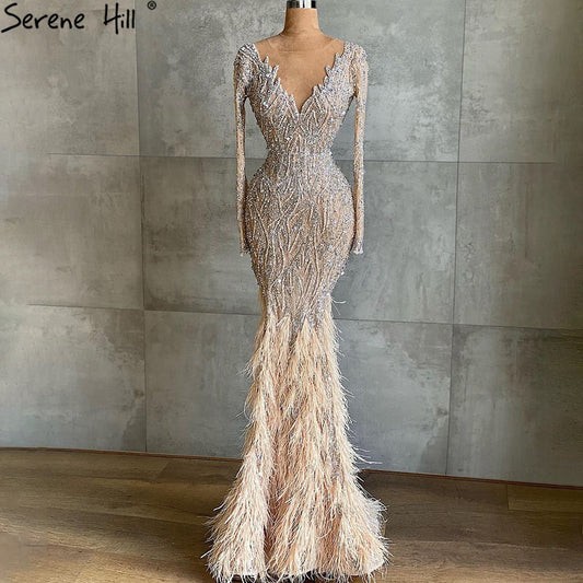 Muslim Nude Meramid Luxury Evening Dresses Gowns 2025 Beading Feathers Elegant For Women Party LA71093