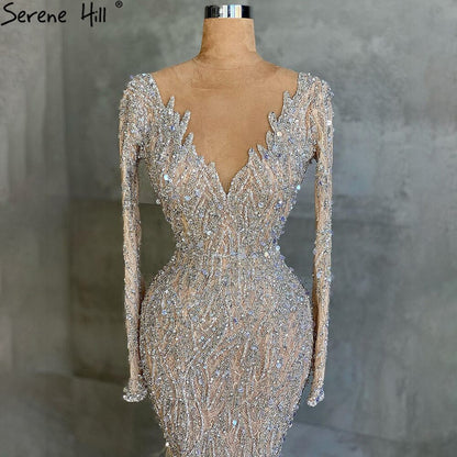 Muslim Nude Meramid Luxury Evening Dresses Gowns Beaded Feathers Elegant 2025 For Women Party LA71093