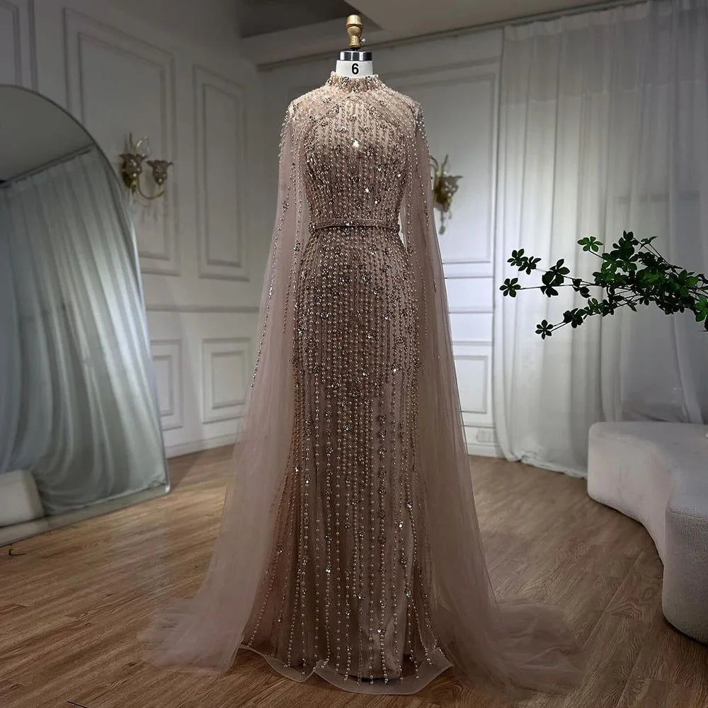 Vestidos de noche musulmanes de sirena color nude con mangas tipo capa y perlas, de lujo, estilo Dubái, para mujer, para boda, fiesta, LA72372 