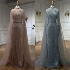 Vestidos de noche musulmanes de sirena color nude con mangas tipo capa y perlas, de lujo, estilo Dubái, para mujer, para boda, fiesta, LA72372 