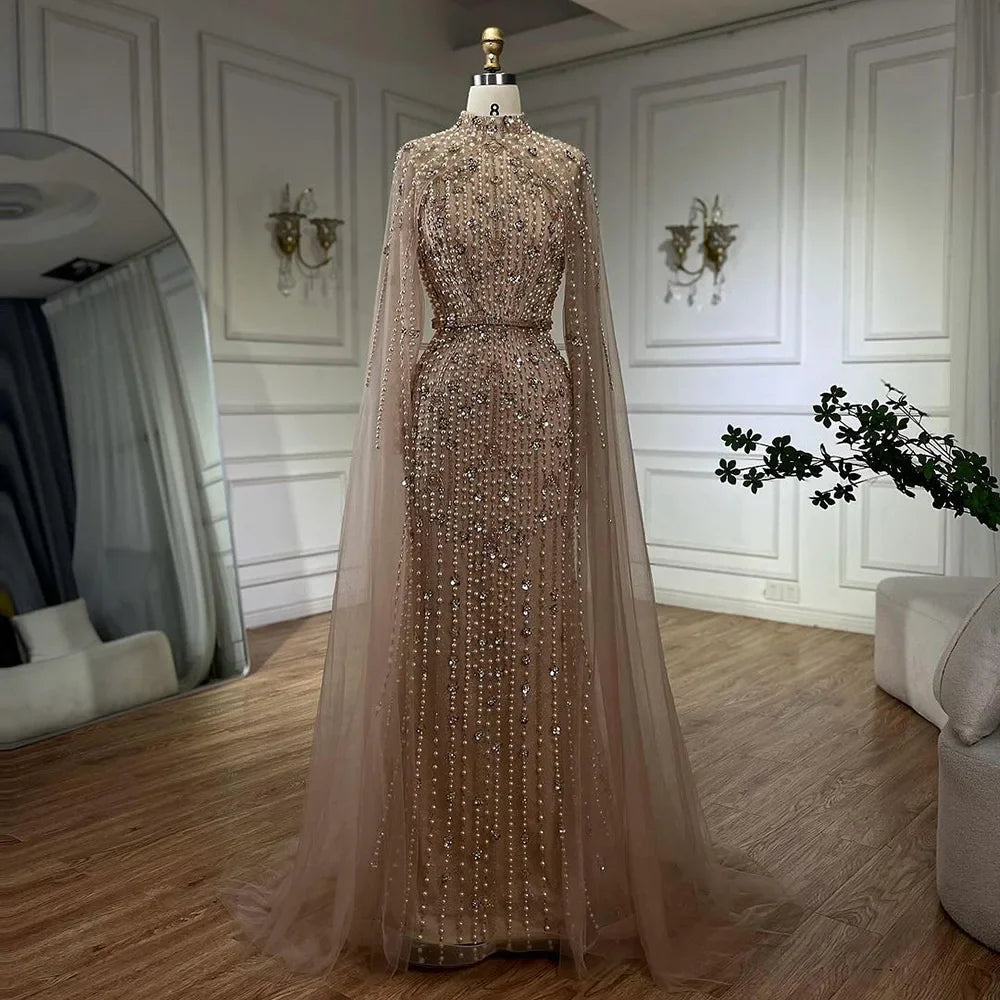 Vestidos de noche musulmanes de sirena color nude con mangas tipo capa y perlas, de lujo, estilo Dubái, para mujer, para boda, fiesta, LA72372 