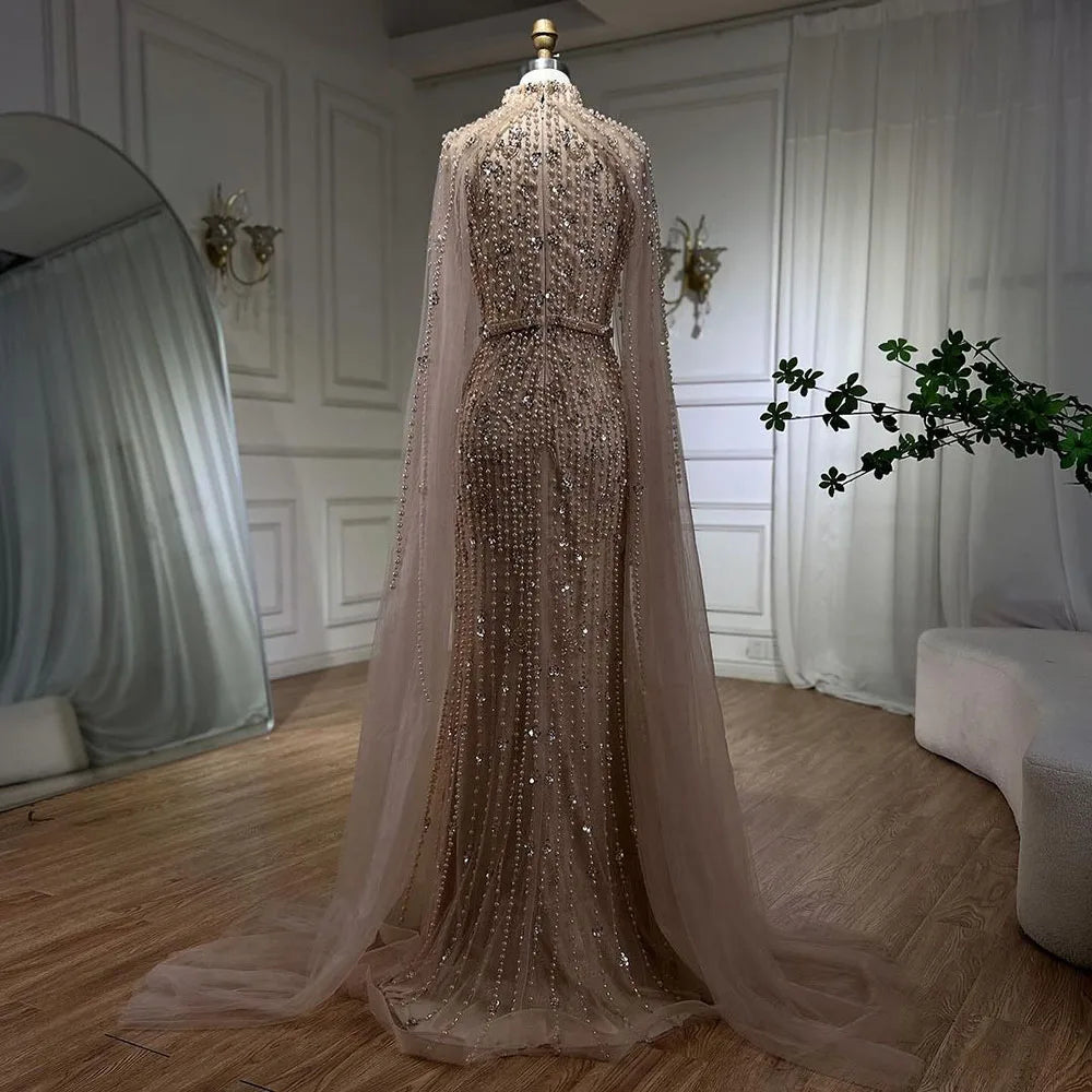 Vestidos de noche musulmanes de sirena color nude con mangas tipo capa y perlas, de lujo, estilo Dubái, para mujer, para boda, fiesta, LA72372 