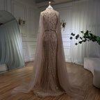 Vestidos de noche musulmanes de sirena color nude con mangas tipo capa y perlas, de lujo, estilo Dubái, para mujer, para boda, fiesta, LA72372 
