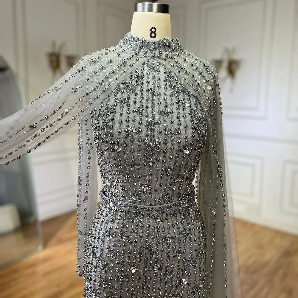 Vestidos de noche musulmanes de sirena color nude con mangas tipo capa y perlas, de lujo, estilo Dubái, para mujer, para boda, fiesta, LA72372 