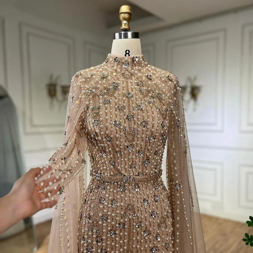 Vestidos de noche musulmanes de sirena color nude con mangas tipo capa y perlas, de lujo, estilo Dubái, para mujer, para boda, fiesta, LA72372 