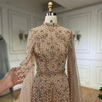 Vestidos de noche musulmanes de sirena color nude con mangas tipo capa y perlas, de lujo, estilo Dubái, para mujer, para boda, fiesta, LA72372 