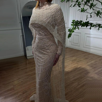 Luxus Muslim Cape Dubai Arabia Abendkleider Nude Mermaid Kleider für Party LA72032m 