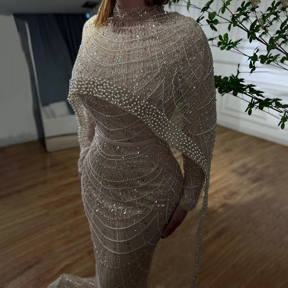 Luxus Muslim Cape Dubai Arabia Abendkleider Nude Mermaid Kleider für Party LA72032m 