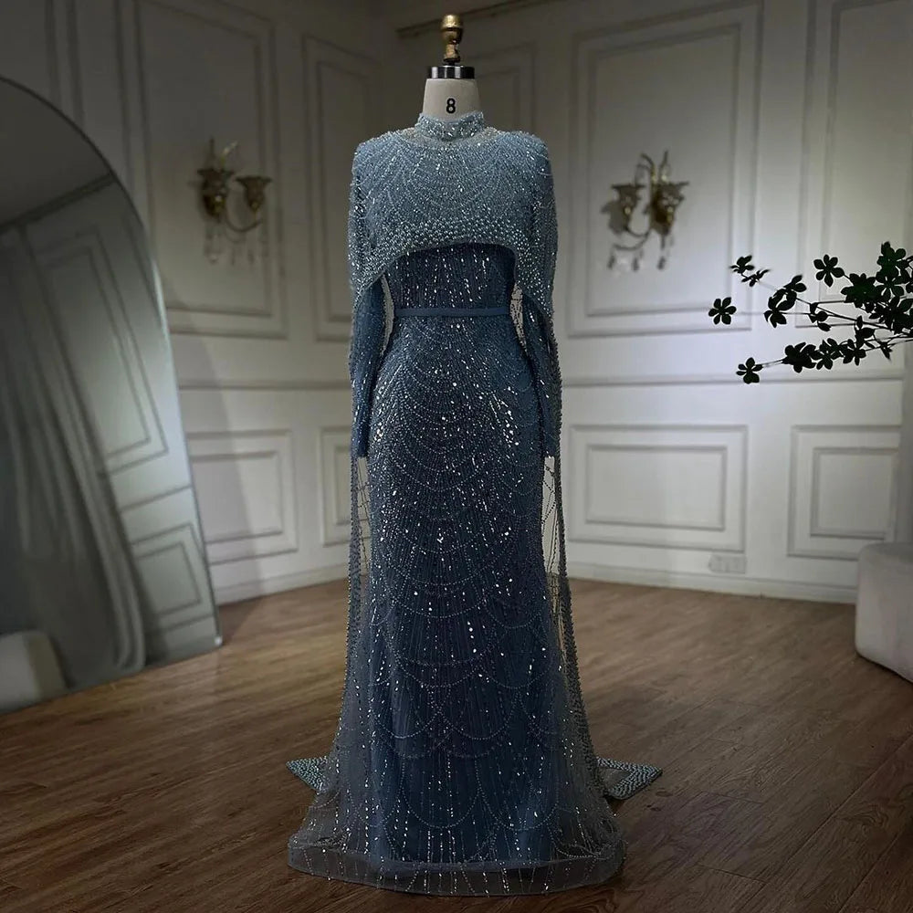 Luxury  Muslim  Cape Dubai Arabia Evening Dresses Nude Mermaid Gowns for Party LA72032m