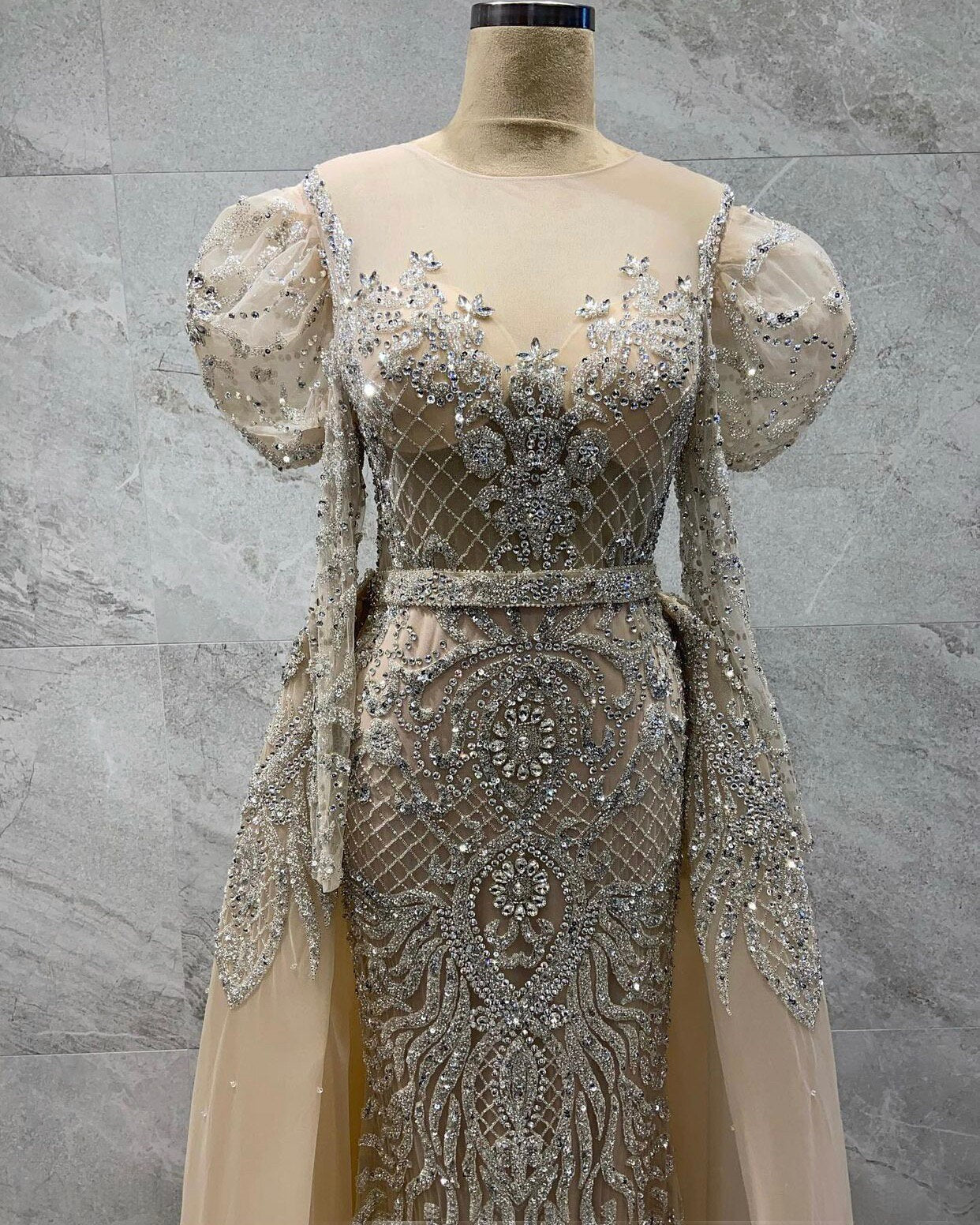 Vestido de noche musulmán de sirena color plata nude, elegante y lujoso, con cuentas, para mujer, para fiesta, LA71352 