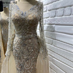 Vestido de noche musulmán color nude plateado con sobrefalda, estilo sirena con cuentas, de lujo, elegante, para mujer, fiesta, LA71353 