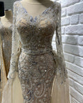 Vestido de noche musulmán color nude plateado con sobrefalda, estilo sirena con cuentas, de lujo, elegante, para mujer, fiesta, LA71353 