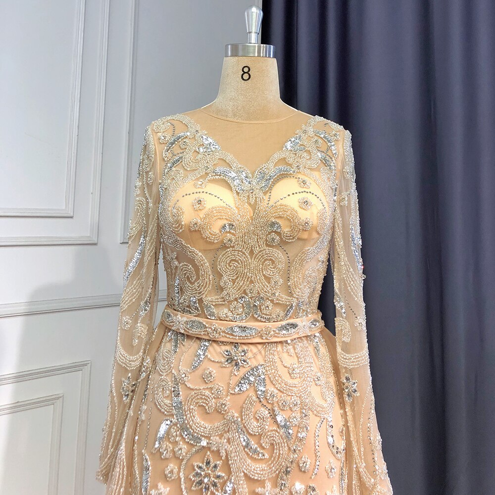 Vestido de noche musulmán color nude plateado con sobrefalda, estilo sirena con cuentas, de lujo, elegante, para mujer, fiesta, LA71353 