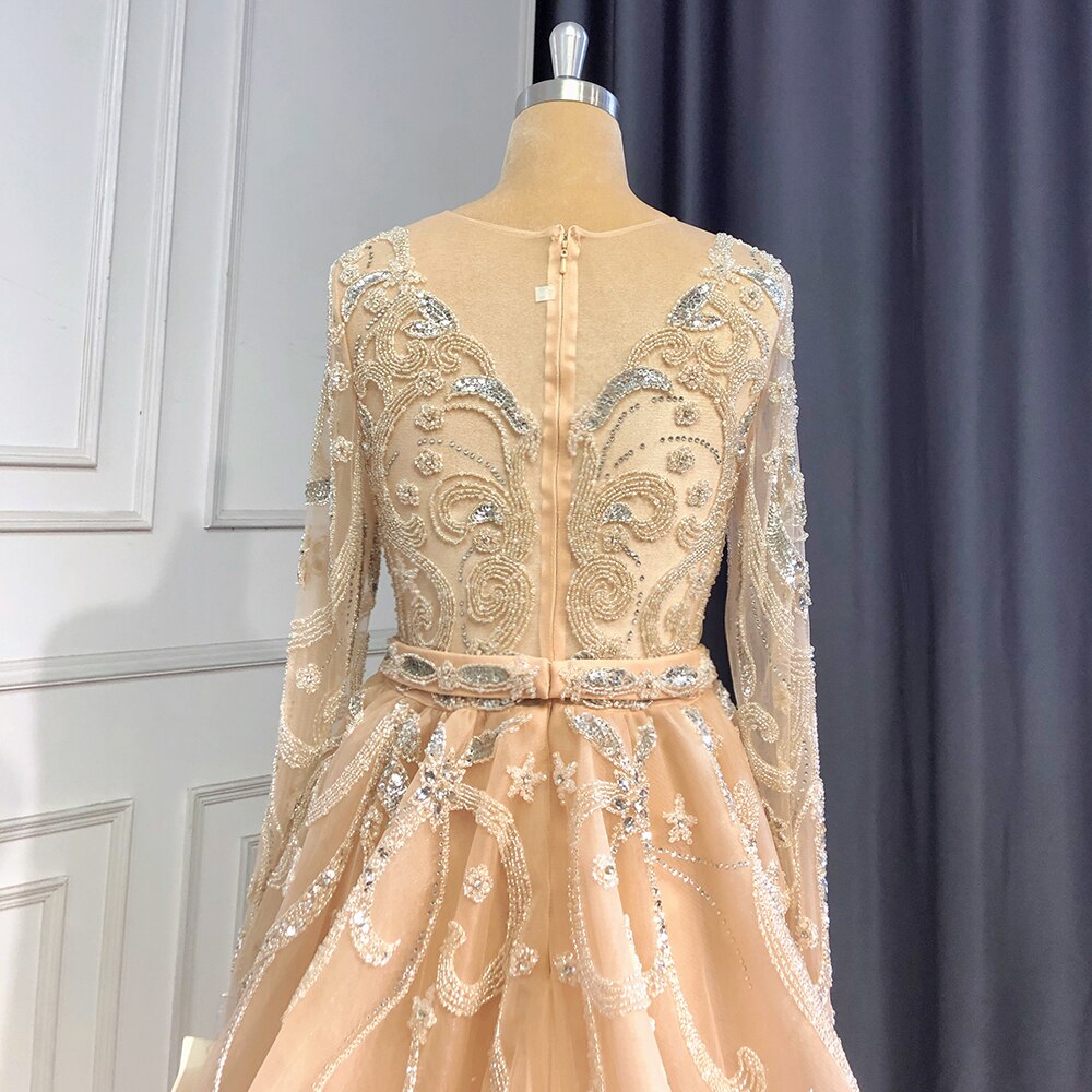 Vestido de noche musulmán color nude plateado con sobrefalda, estilo sirena con cuentas, de lujo, elegante, para mujer, fiesta, LA71353 