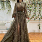 Muslim Olive Green Evening Dresses Gowns 2025 Luxury Pearls Long Lantern Sleeve For Women Party LA70885