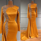 Muslimischen Orange Überrock Abendkleider 2025 Meerjungfrau Elegante Luxus Perlen Für Frauen Party LA71512 