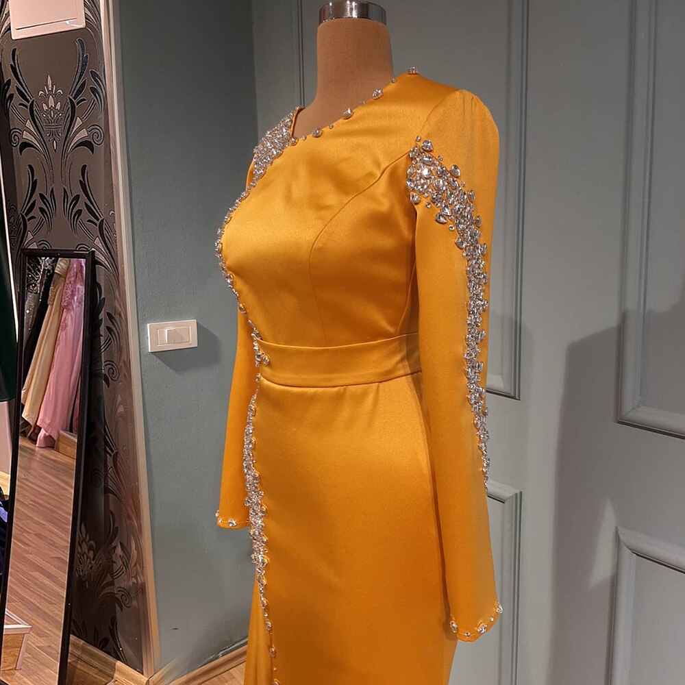 Muslimischen Orange Überrock Abendkleider 2025 Meerjungfrau Elegante Luxus Perlen Für Frauen Party LA71512 