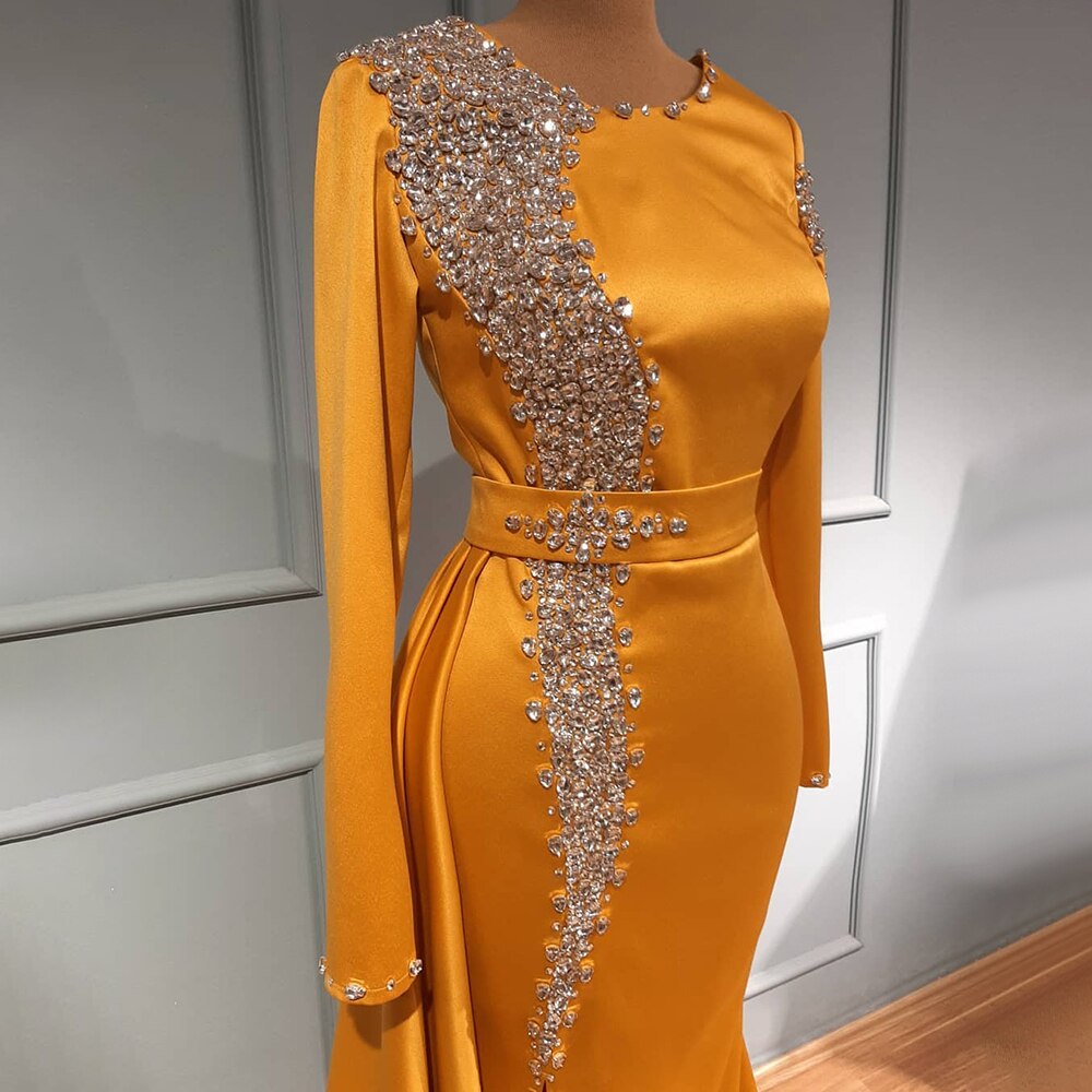 Muslimischen Orange Überrock Abendkleider 2025 Meerjungfrau Elegante Luxus Perlen Für Frauen Party LA71512 