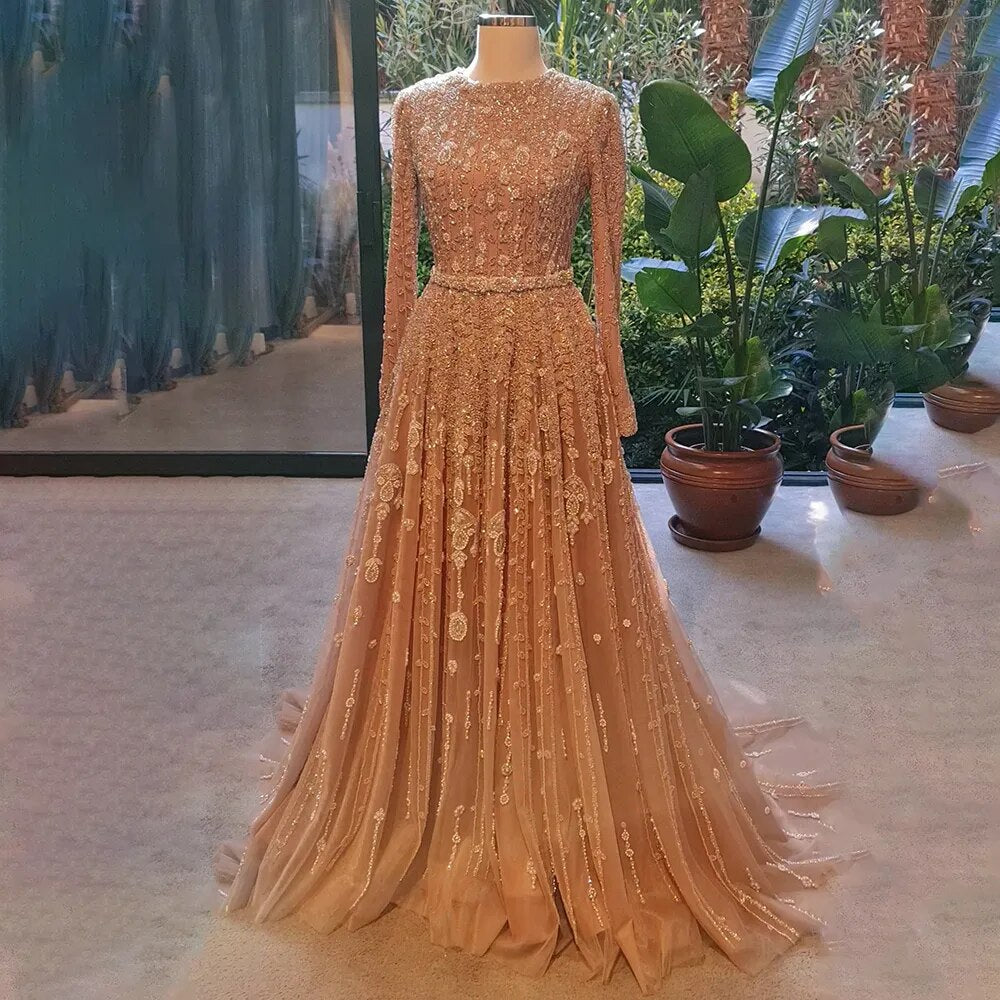 Vestidos de noche musulmanes de lujo de Dubái, de corte A, color rosa, con cuentas, para mujer, para boda, fiesta, talla grande 2025 LA71803C 