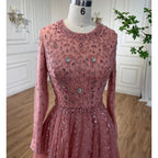 Vestidos de noche musulmanes de lujo de Dubái, de corte A, color rosa, con cuentas, para mujer, para boda, fiesta, talla grande 2025 LA71803C 