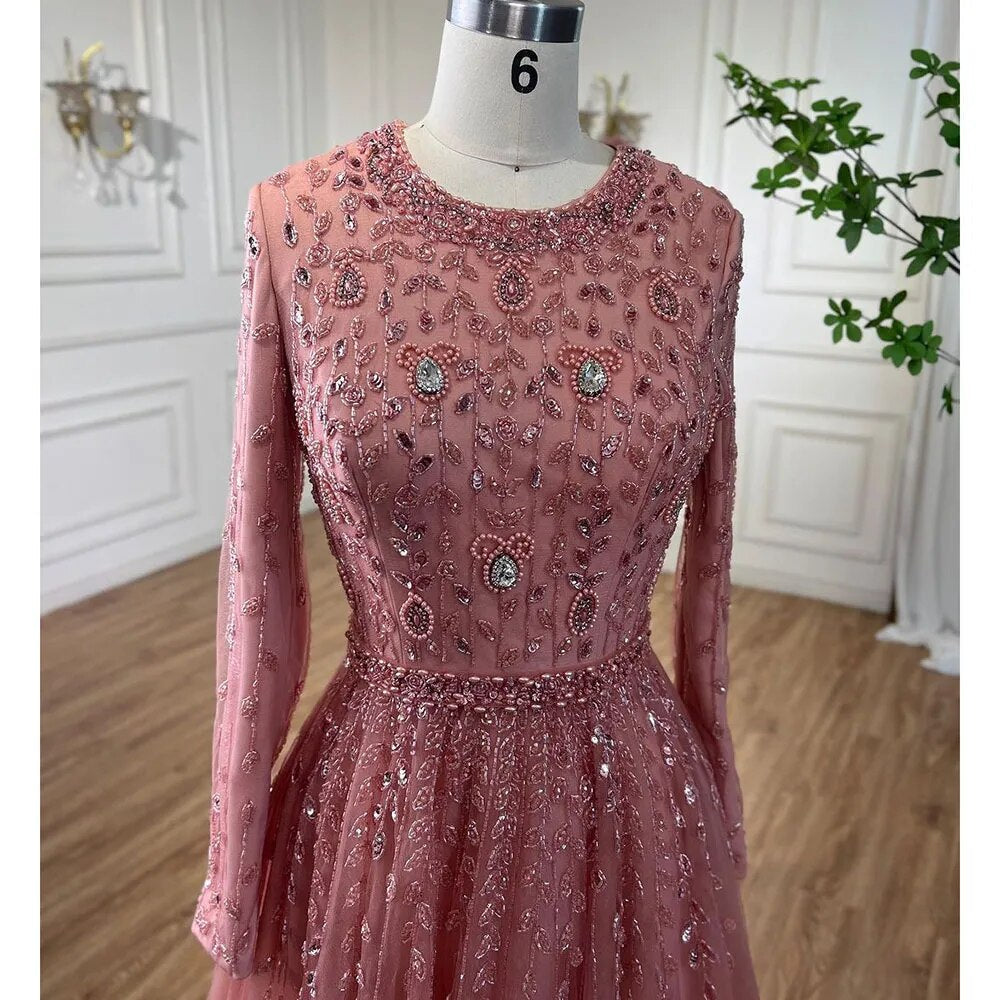 Vestidos de noche musulmanes de lujo de Dubái, de corte A, color rosa, con cuentas, para mujer, para boda, fiesta, talla grande 2025 LA71803C 