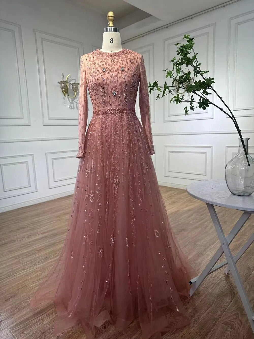 Vestidos de noche musulmanes de lujo de Dubái, de corte A, color rosa, con cuentas, para mujer, para boda, fiesta, talla grande 2025 LA71803C 