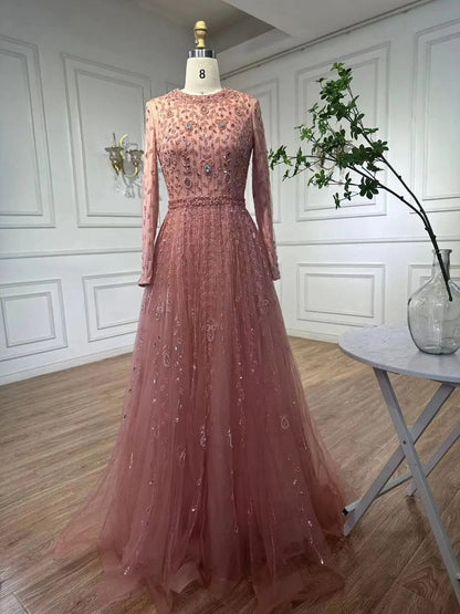 Muslim Pink A Line Beaded Dubai Luxury Evening Dresses Gowns For Women Wedding Party Plus Size 2025 LA71803C