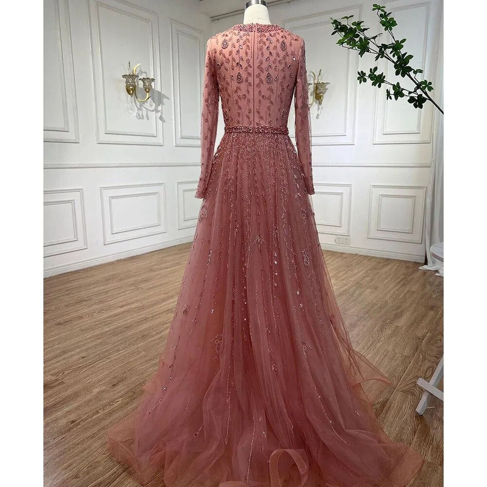 Vestidos de noche musulmanes de lujo de Dubái, de corte A, color rosa, con cuentas, para mujer, para boda, fiesta, talla grande 2025 LA71803C 