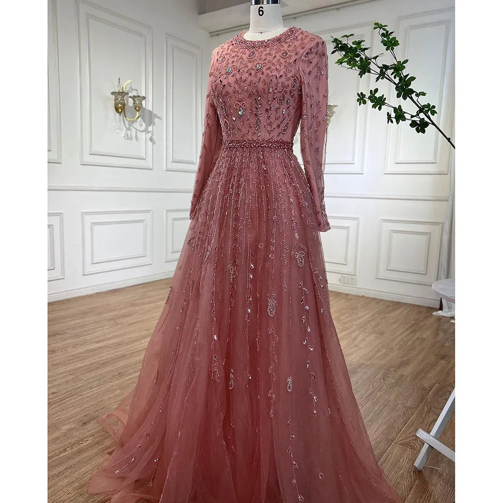 Vestidos de noche musulmanes de lujo de Dubái, de corte A, color rosa, con cuentas, para mujer, para boda, fiesta, talla grande 2025 LA71803C 