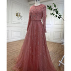 Vestidos de noche musulmanes de lujo de Dubái, de corte A, color rosa, con cuentas, para mujer, para boda, fiesta, talla grande 2025 LA71803C 