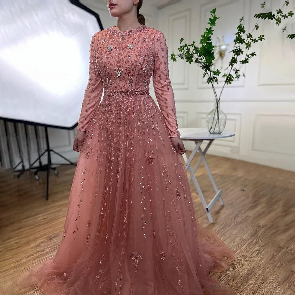 Vestidos de noche musulmanes de lujo de Dubái, de corte A, color rosa, con cuentas, para mujer, para boda, fiesta, talla grande 2025 LA71803C 