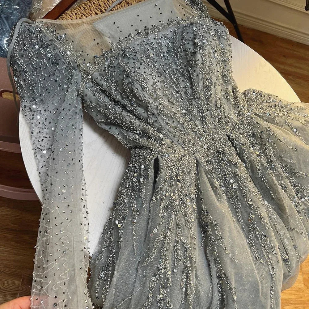 Vestidos de noche de lujo de Dubái con mangas largas en rosa empolvado para fiesta LA71915