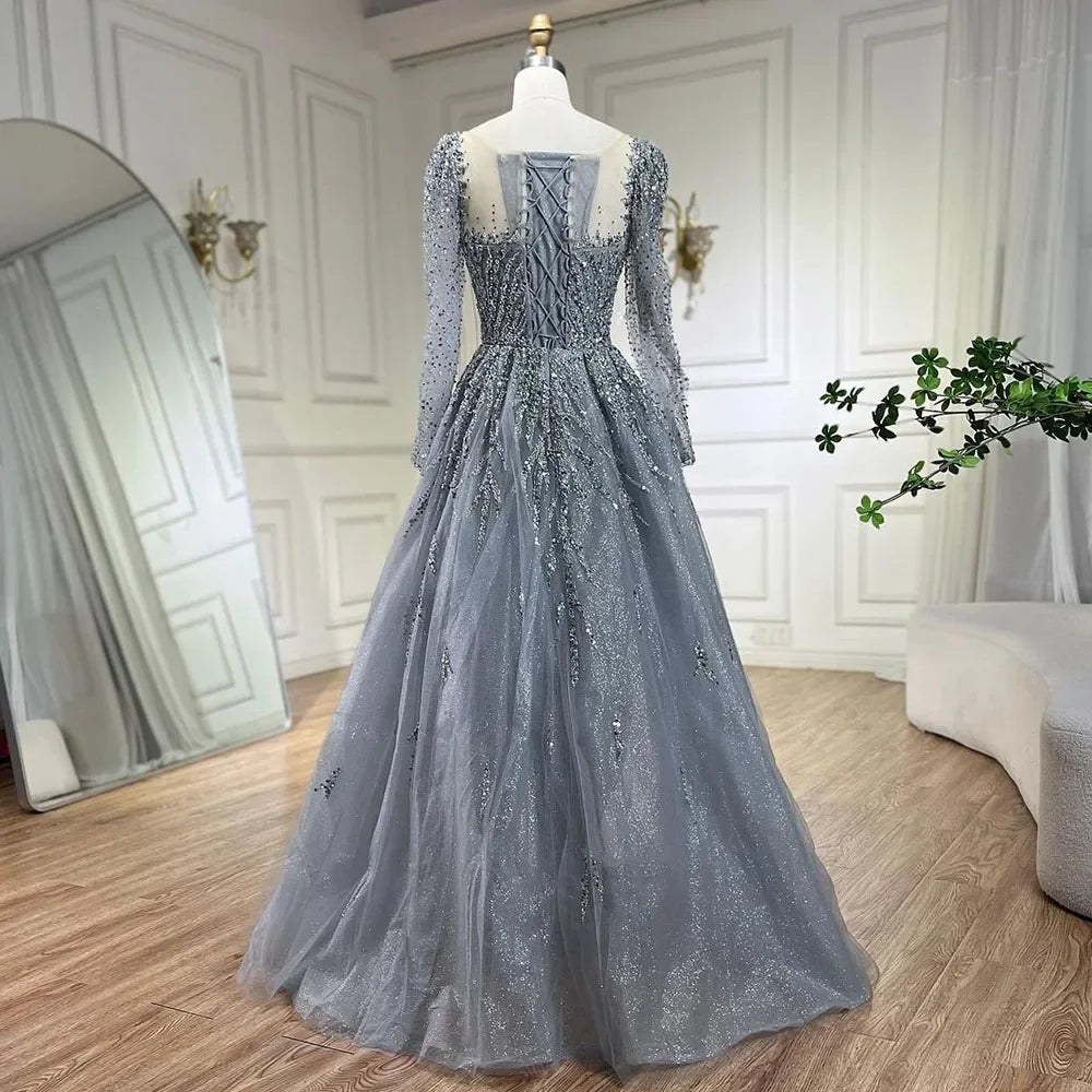 Vestidos de noche de lujo de Dubái con mangas largas en rosa empolvado para fiesta LA71915