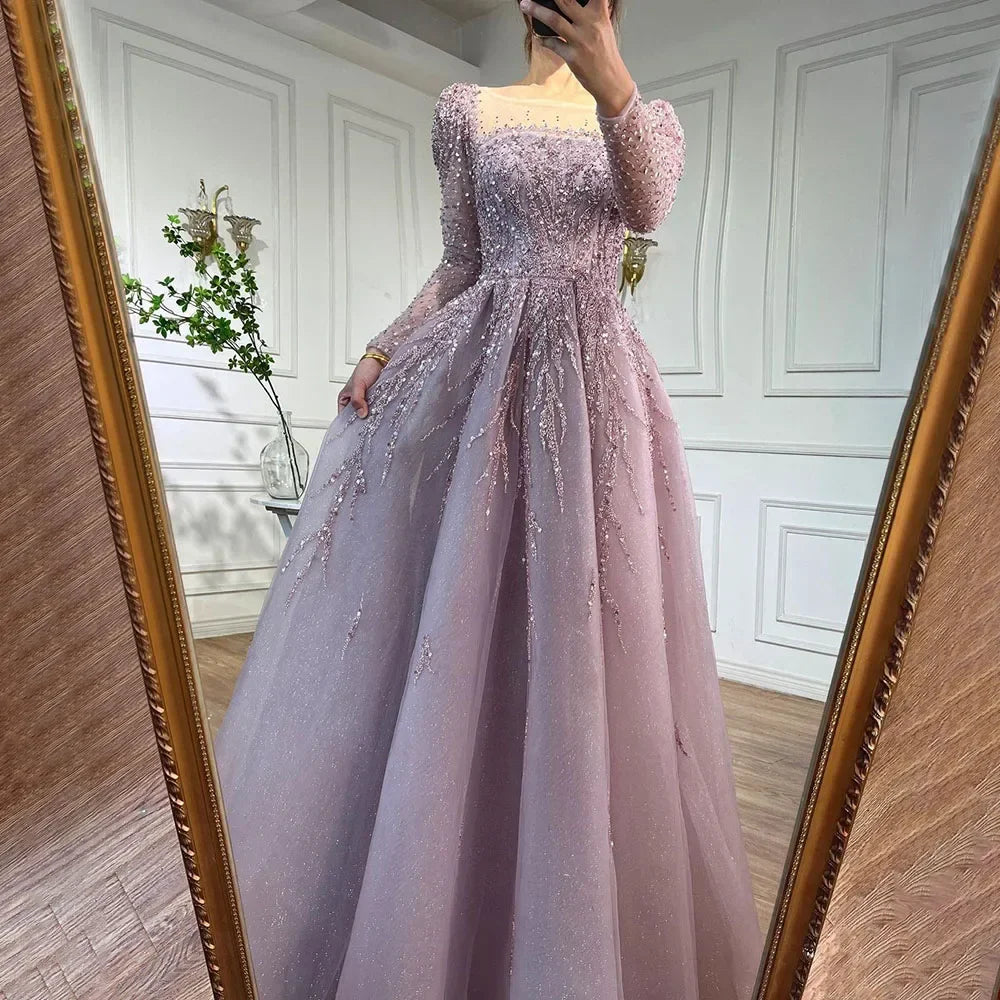 Vestidos de noche de lujo de Dubái con mangas largas en rosa empolvado para fiesta LA71915
